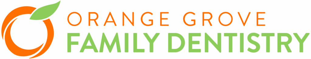 Logo for Orange Grove Family Dentistry featuring a stylized orange with a green leaf beside the name. “ORANGE GROVE” appears in orange uppercase letters above “FAMILY DENTISTRY” in green, conveying freshness and care.
